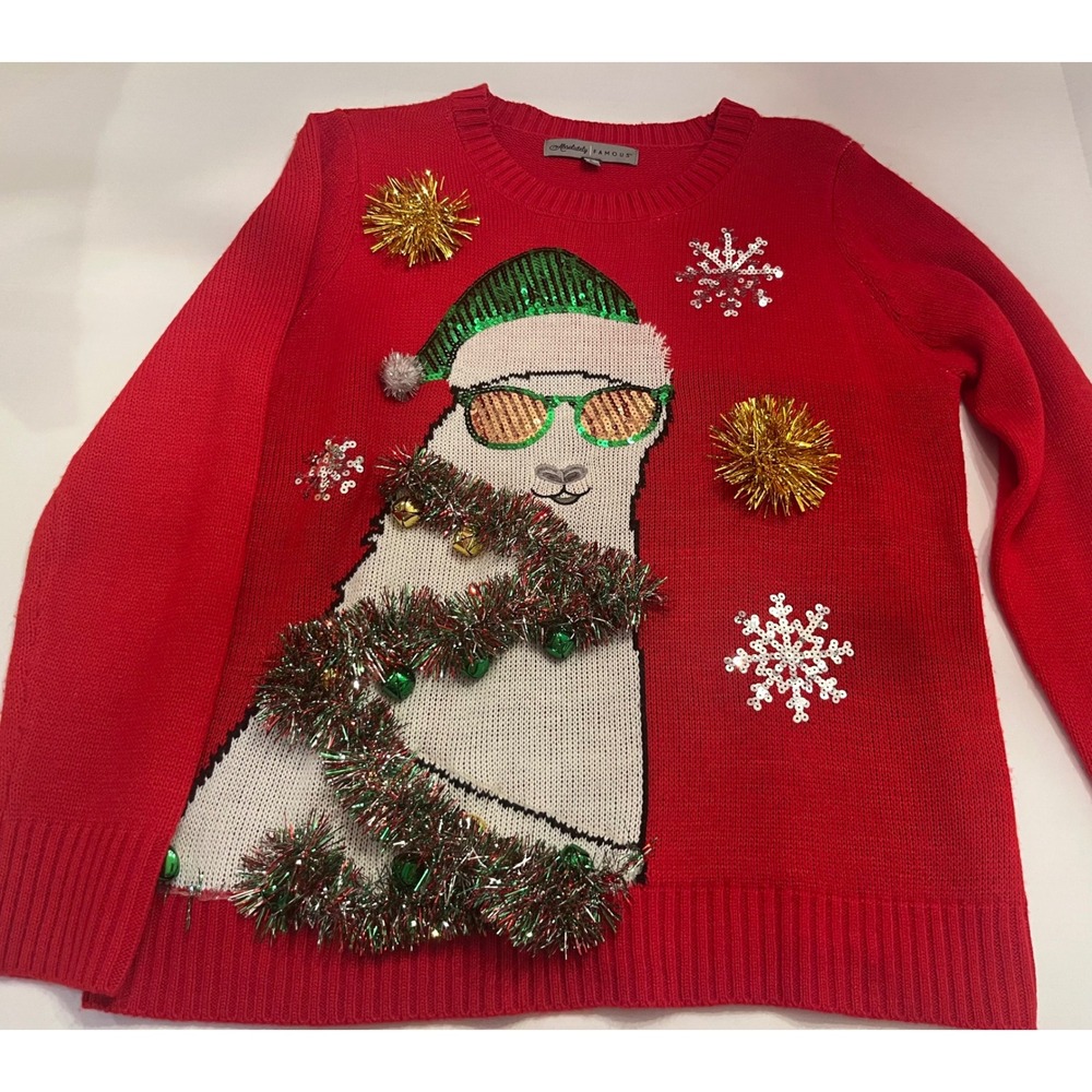 Absolutely Famous Women's Red Llama Ugly Christmas Sweater Sequin Size Large